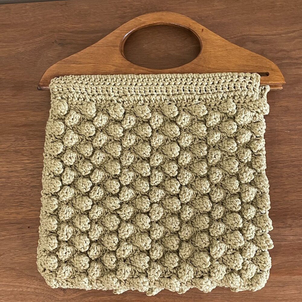 Vintage Style Boho Macrame Crochet Purse Bag Wooden Handles Brown Cream Lined